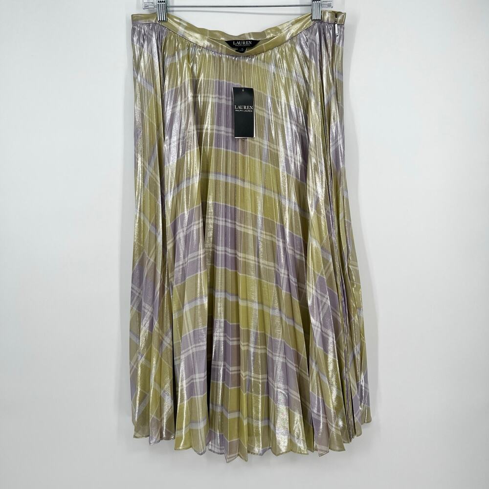 Lauren Ralph Lauren Checked Plaid Pleated Georgette Skirt 12 Green Metallic NEW - Picture 2 of 11
